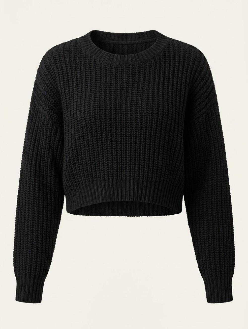 Black Chunk Knit Cropped Sweater - Crew Neck Long Sleeve Pullover